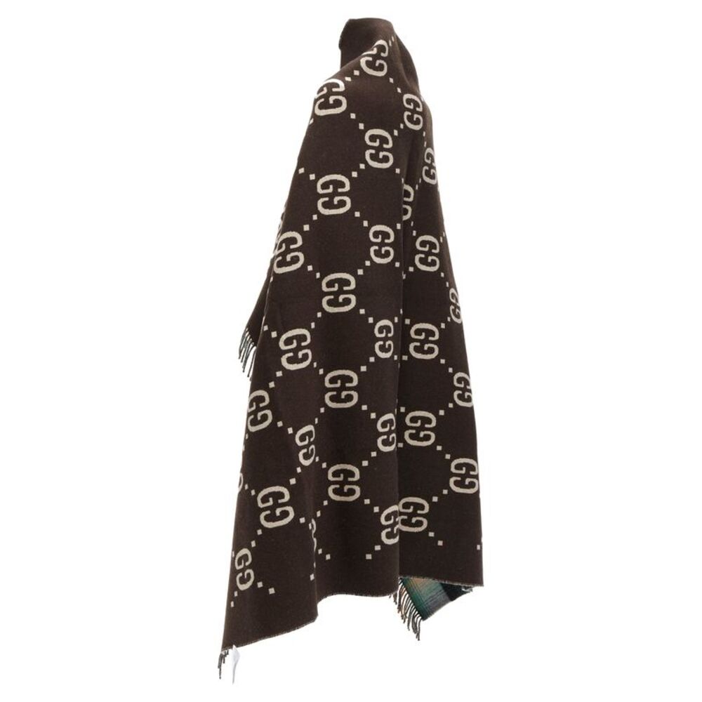 Gucci 100% wool green red plaid tartan brown GG monogram blanket scarf - Picture 6 of 10